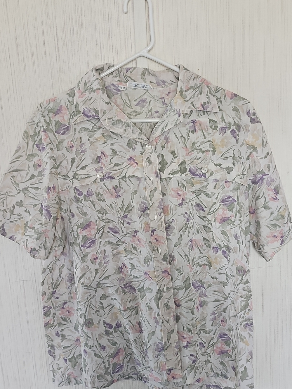 Light Floral Short-Sleeve Button-Up Top - White with Pink & Purple Floral